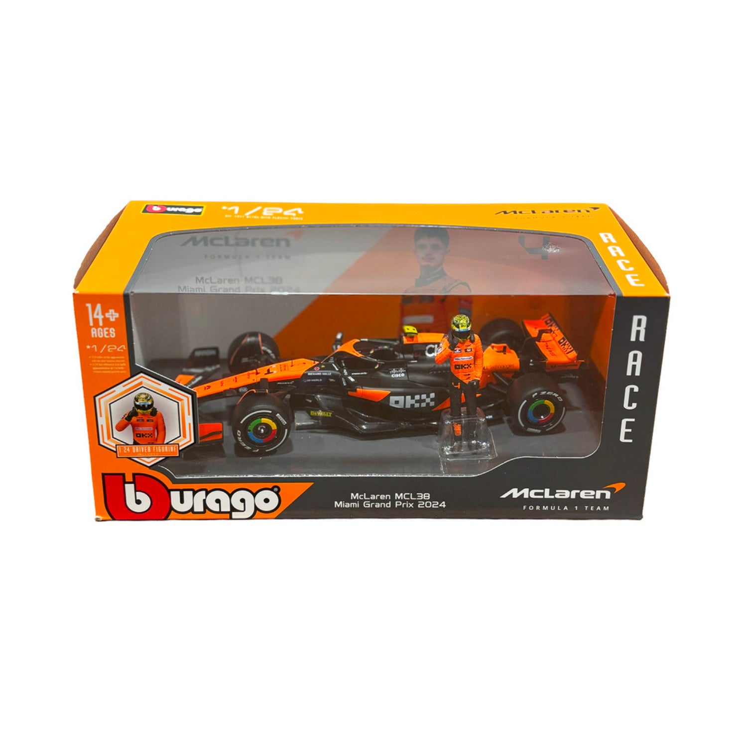Carro F1 McLaren MCL38 en miniatura, vista en caja para coleccionistas